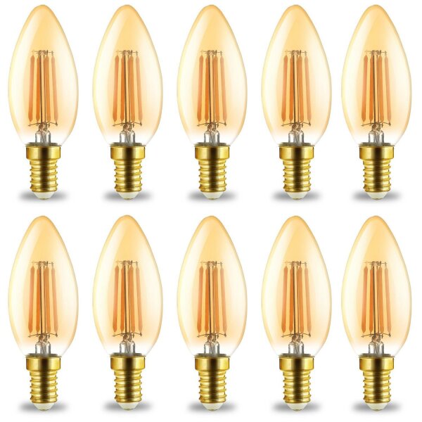 10er Sparpack | LED Leuchtmittel E14 Kerze | Bernstein | C35 4W Filament | 360 Lumen | warmweiß (2200 K)