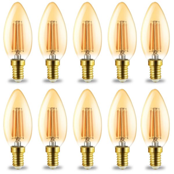 10er Sparpack | LED Leuchtmittel E14 Kerze | Bernstein | C35 4W Filament warmweiß (2200 K)