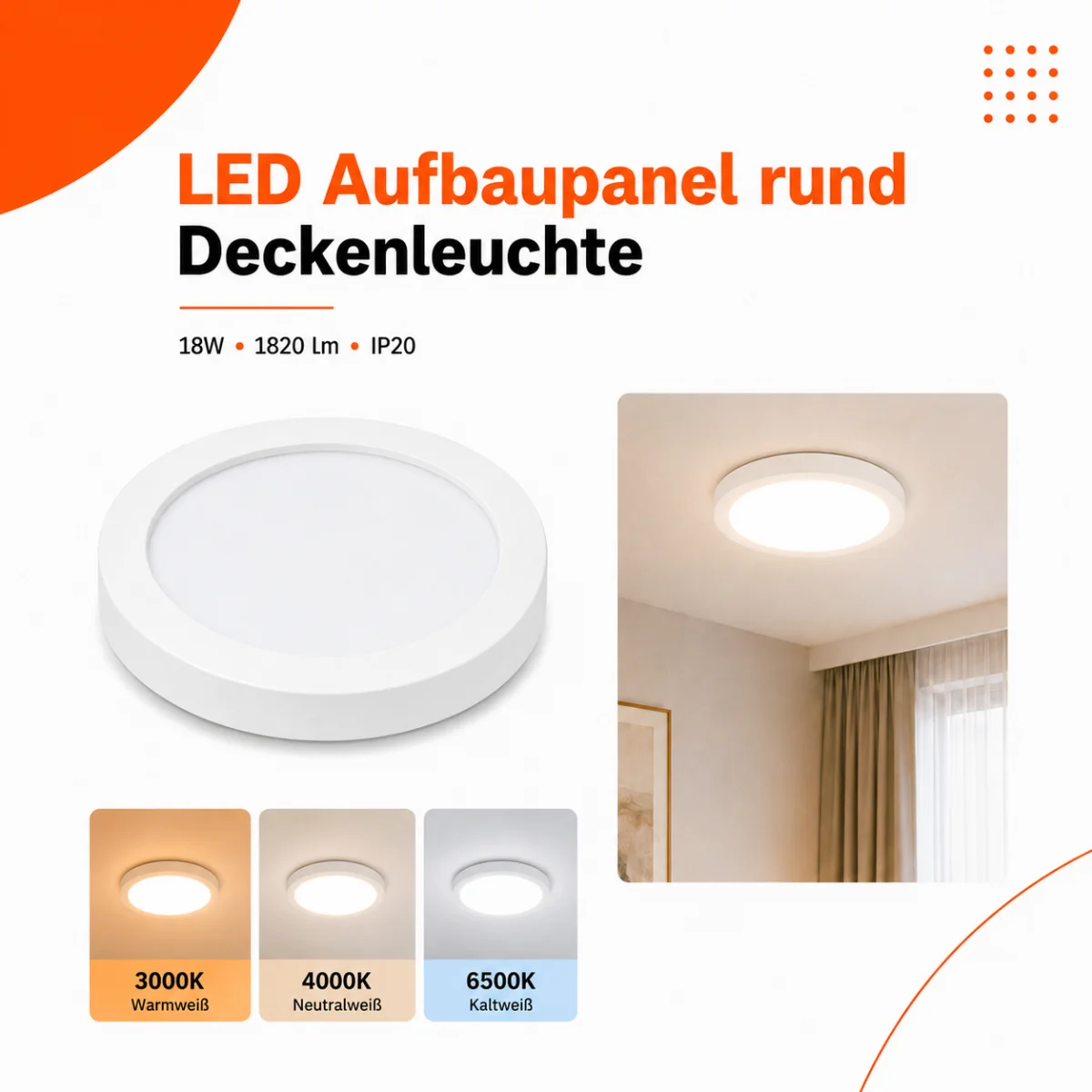 LED Aufbauleuchte Deckenleuchte rund 18 Watt IP20