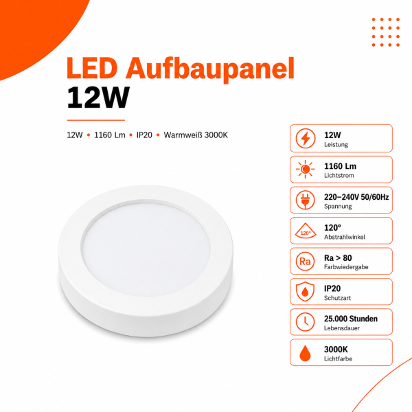 LED Aufbauleuchte Deckenleuchte rund 12 Watt IP20 warmweiß (3000 K)