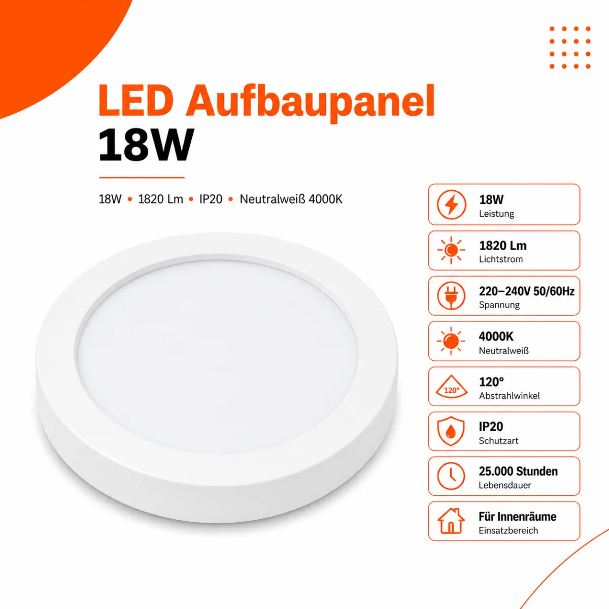 LED Aufbauleuchte Deckenleuchte rund 18 Watt IP20...