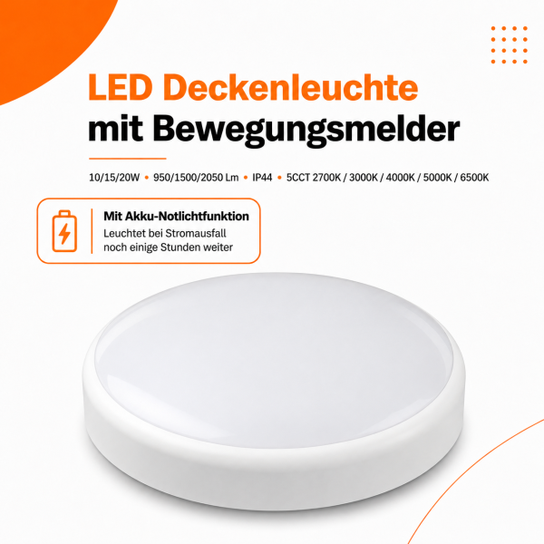 LED Aufbauleuchte Deckenleuchte mit Bewegungsmelder & batterie rund IP44 10/15/20W 5CCT