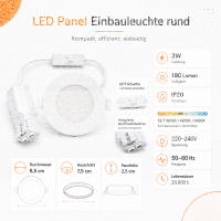 LED Panel Einbauleuchte rund 3W IP20 Ø 7,5 cm | CCT (warmweiß 3000K, neutralweiß 4200K, kaltweiß 6400K)