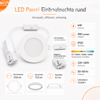 LED Panel Einbauleuchte rund 6W IP20 Ø 11,5 cm | CCT (warmweiß 3000K, neutralweiß 4200K, kaltweiß 6400K)