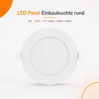 LED Panel Einbauleuchte rund 9W IP20 Ø 13,0 cm | CCT (warmweiß 3000K, neutralweiß 4200K, kaltweiß 6400K)
