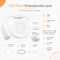 LED Panel Einbauleuchte rund 12W IP20 Ø 15,5 cm | CCT (warmweiß 3000K, neutralweiß 4200K, kaltweiß 6400K)