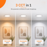 LED Panel Einbauleuchte rund 12W IP20 Ø 15,5 cm | CCT (warmweiß 3000K, neutralweiß 4200K, kaltweiß 6400K)