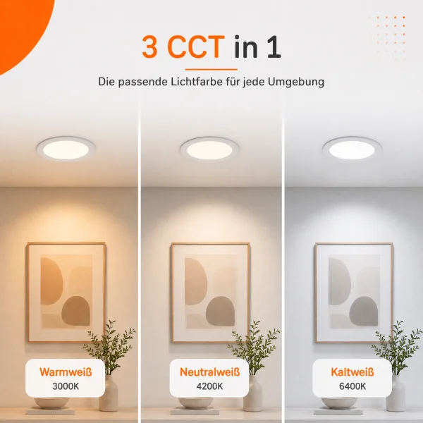 LED Panel Einbauleuchte rund 15W IP20 Ø 18,5 cm | CCT (warmweiß 3000K, neutralweiß 4200K, kaltweiß 6400K)
