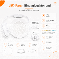 LED Panel Einbauleuchte rund 15W IP20 Ø 18,5 cm | CCT (warmweiß 3000K, neutralweiß 4200K, kaltweiß 6400K)