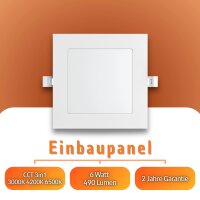 LED Panel Einbauleuchte rechteckig 6W | 13 x 13 cm (11,5 cm Deckenausschnitt) | IP20 | CCT (warmweiß 3000K, neutralweiß 4200k, kaltweiß 6400K)