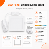 LED Panel Einbauleuchte rechteckig 12W | 17 x 17 cm (15,5 cm Deckenausschnitt) | IP20 | CCT (warmweiß 3000K, neutralweiß 4200K, kaltweiß 6400K)