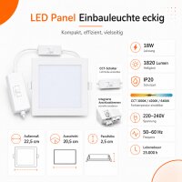 LED Panel Einbauleuchte rechteckig 18W | 20 x 20 cm (18,5 cm Deckenausschnitt) | IP20 | CCT (warmweiß 3000K, neutralweiß 4200K, kaltweiß 6400K)