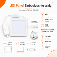 LED Panel Einbauleuchte rechteckig 18W | 20 x 20 cm (18,5 cm Deckenausschnitt) | IP20 | CCT (warmweiß 3000K, neutralweiß 4200K, kaltweiß 6400K)