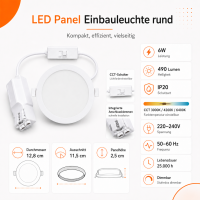 LED Panel Einbauleuchte rund 6W IP20 Ø 11,5 cm | Dimmbar | CCT (warmweiß 3000K, neutralweiß 4200K, kaltweiß 6400K)