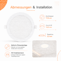 LED Panel Einbauleuchte rund 12W IP20 Ø 15,5 cm | Dimmbar | CCT (warmweiß 3000K, neutralweiß 4200K, kaltweiß 6400K)