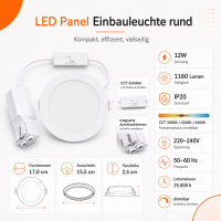 LED Panel Einbauleuchte rund 12W IP20 Ø 15,5 cm | Dimmbar | CCT (warmweiß 3000K, neutralweiß 4200K, kaltweiß 6400K)