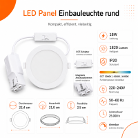 LED Panel Einbauleuchte rund 18W IP20 Ø 21 cm | Dimmbar | CCT (warmweiß 3000K, neutralweiß 4200K, kaltweiß 6400K)