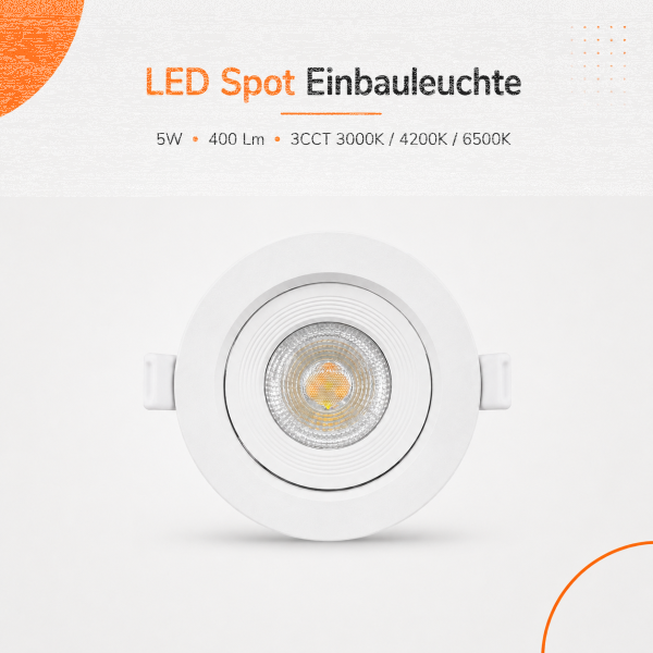 LED Einbauspot Einbaustrahler weiß 5W CCT 3000K/4000K/6500K