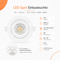 LED Einbauspot Einbaustrahler weiß 5W CCT...