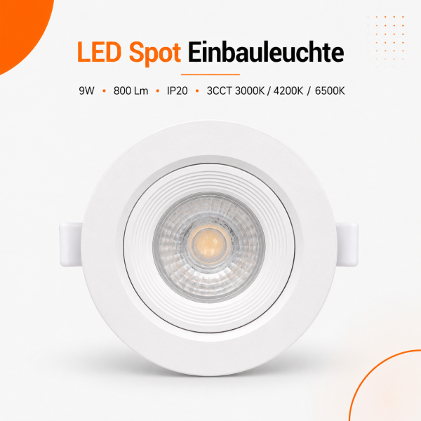 LED Einbauspot Einbaustrahler 9W weiß rund IP20 schwenkbar Ø 9,0 cm (deckenausschnitt) CCT 3000K/4000K/6500K