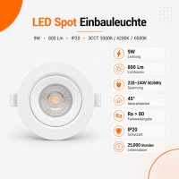 LED Einbauspot Einbaustrahler 9W weiß rund IP20...