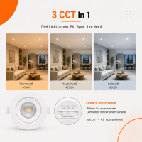 LED Einbauspot Einbaustrahler 9W weiß rund IP20 schwenkbar Ø 9,0 cm (deckenausschnitt) CCT 3000K/4000K/6500K