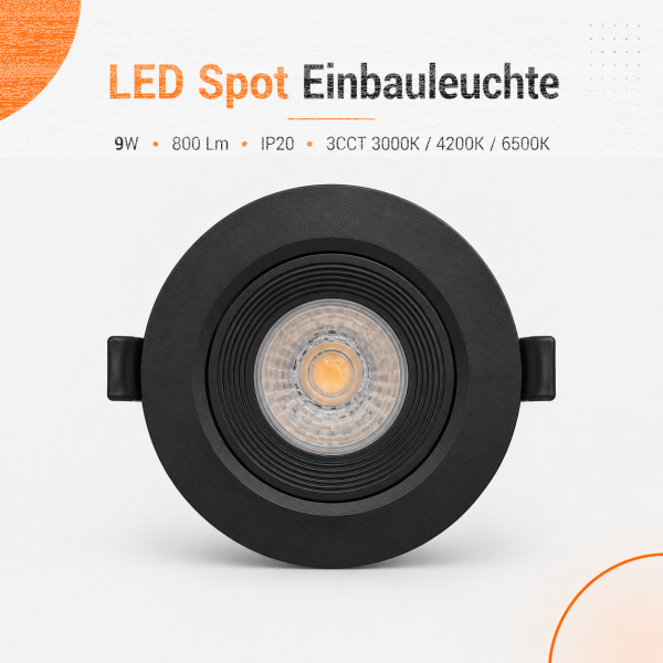 LED Einbauspot Einbaustrahler 9W Schwarz rund IP20 schwenkbar Ø 9,0 cm (deckenausschnitt)  CCT 3000K/4000K/6500K