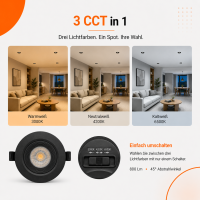 LED Einbauspot Einbaustrahler 9W Schwarz rund IP20 schwenkbar Ø 9,0 cm (deckenausschnitt)  CCT 3000K/4000K/6500K