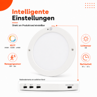 LED Aufbauleuchte Deckenleuchte rund 18 Watt IP20 mit Sensor  CCT 3 in 1 (warmweiß 3000K, neutralweiß 4200K, kaltweiß 6400K)