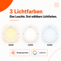 LED Aufbauleuchte Deckenleuchte rund 18 Watt IP20 mit Sensor  CCT 3 in 1 (warmweiß 3000K, neutralweiß 4200K, kaltweiß 6400K)