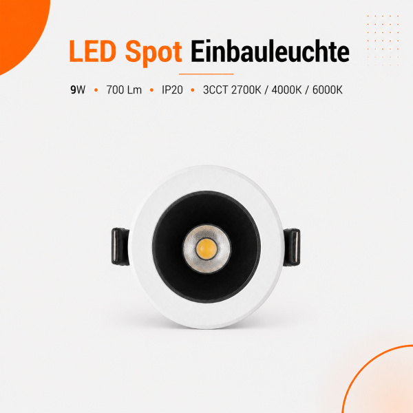 LED Einbauspot  9W schwarz-weiß rund IP20 Ø 7,0 cm (Deckenausschnitt) CCT 3 in 1  (warmweiß 3000K, neutralweiß 4200K, kaltweiß 6500K)