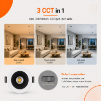 LED Einbauspot  9W schwarz-weiß rund IP20 Ø 7,0 cm (Deckenausschnitt) CCT 3 in 1  (warmweiß 3000K, neutralweiß 4200K, kaltweiß 6500K)