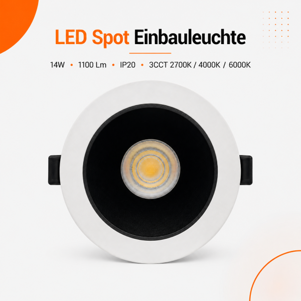LED Einbauspot  14W schwarz-weiß rund IP20 Ø 90-95mm (deckenausschnitt) CCT 3 in 1  (warmweiß 3000K, neutralweiß 4200K, kaltweiß 6500K)