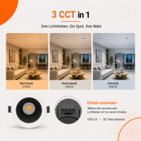 LED Einbauspot  14W schwarz-weiß rund IP20 Ø 90-95mm (deckenausschnitt) CCT 3 in 1  (warmweiß 3000K, neutralweiß 4200K, kaltweiß 6500K)