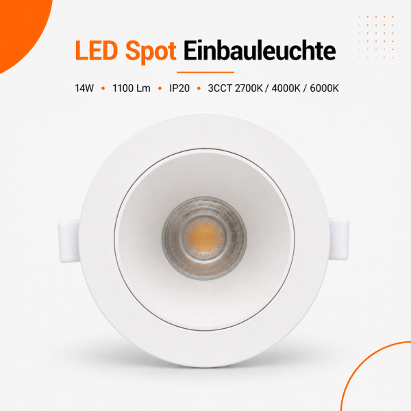 LED Einbauspot  14W weiß-weiß rund IP20 Ø 90-95mm (Deckenausschnitt) CCT 3 in 1  (warmweiß 3000K, neutralweiß 4200K, kaltweiß 6500K)