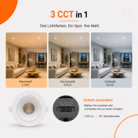 LED Einbauspot  14W weiß-weiß rund IP20 Ø 90-95mm (Deckenausschnitt) CCT 3 in 1  (warmweiß 3000K, neutralweiß 4200K, kaltweiß 6500K)