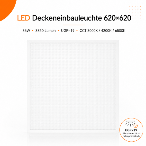 LED Deckenpanel Deckenleuchte Einbauleuchte Backlight | 36 Watt | 62 x 62 cm | Lichtfarbe einstellbar CCT(3in1)  UGR<19
