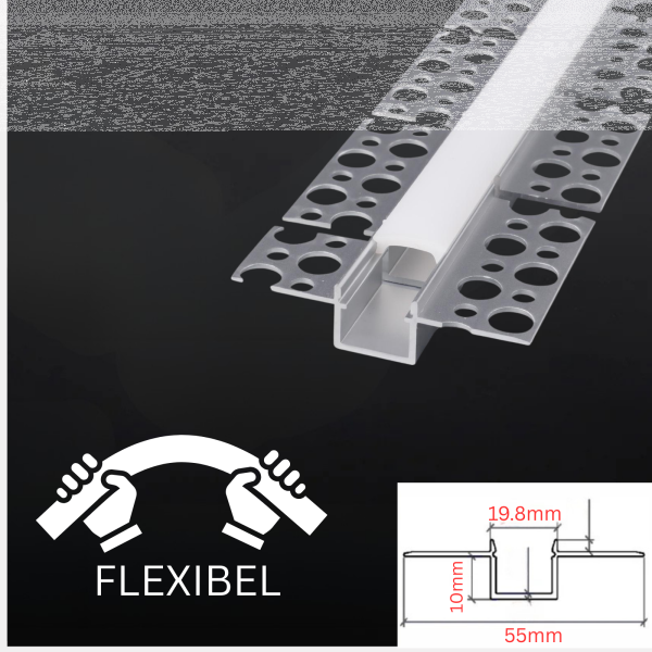 Aluminium LED Unterputz Profil, Trockenbau, flexibel 55x19,8mm Länge 2m silber