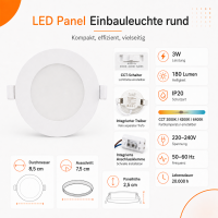 LED Panel Einbauleuchte integrierte trafo  rund 3W IP20 Ø 7,5 cm | CCT (warmweiß 3000K, neutralweiß 4200K, kaltweiß 6400K)