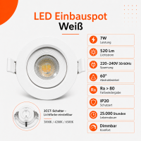 LED Einbauspot Einbaustrahler Dimmbar 7W weiß rund...