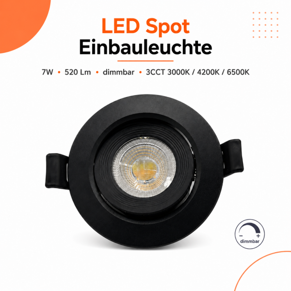 LED Einbauspot Einbaustrahler Dimmbar 7W schwarz rund IP20 schwenkbar Ø 7,0 cm (deckenausschnitt)  CCT 3000K/4000K/6500K
