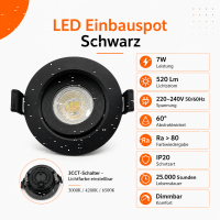 LED Einbauspot Einbaustrahler Dimmbar 7W schwarz rund...