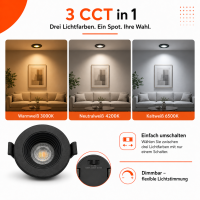 LED Einbauspot Einbaustrahler Dimmbar 7W schwarz rund IP20 schwenkbar Ø 7,0 cm (deckenausschnitt)  CCT 3000K/4000K/6500K
