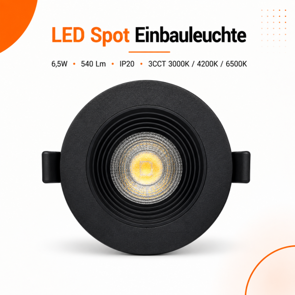 LED Einbauspot  6,5W schwarz rund IP20 Ø 7,0 cm (deckenausschnitt) CCT 3 in 1  (warmweiß 3000K, neutralweiß 4200K, kaltweiß 6500K)