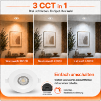 LED Einbauspot Dimmbar 6,5W weiß rund IP20 Ø 7,0 cm (deckenausschnitt) CCT 3 in 1  (warmweiß 3000K, neutralweiß 4200K, kaltweiß 6500K)