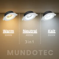 LED Einbauspot Dimmbar 6,5W weiß rund IP20 Ø 7,0 cm (deckenausschnitt) CCT 3 in 1  (warmweiß 3000K, neutralweiß 4200K, kaltweiß 6500K)