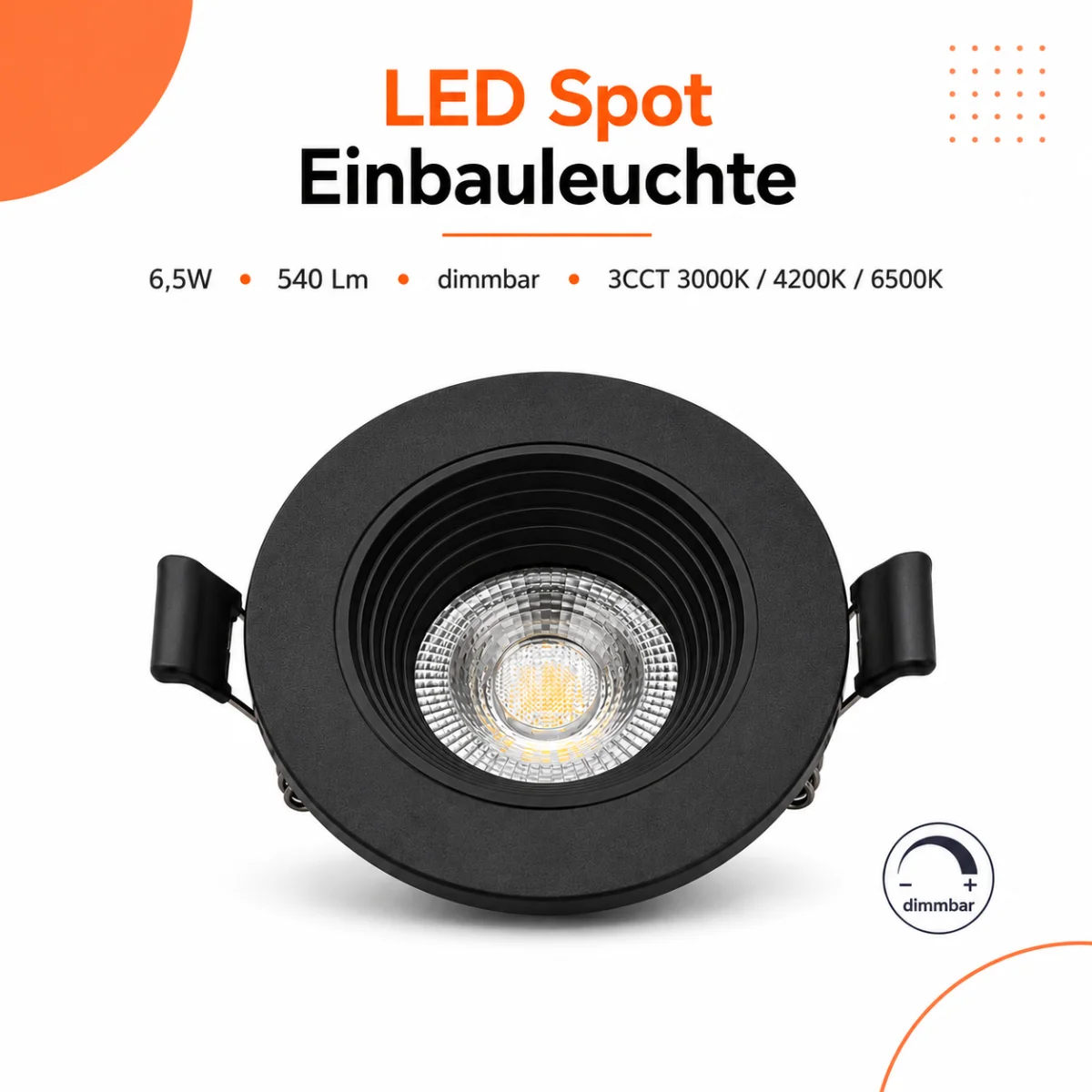 LED Einbauspot Dimmbar 6,5W schwarz rund IP20 Ø...