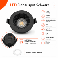 LED Einbauspot Dimmbar 6,5W schwarz rund IP20 Ø...