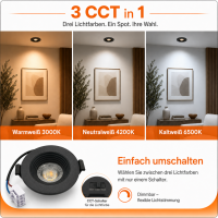 LED Einbauspot Dimmbar 6,5W schwarz rund IP20 Ø 7,0 cm (deckenausschnitt) CCT 3 in 1  (warmweiß 3000K, neutralweiß 4200K, kaltweiß 6500K)