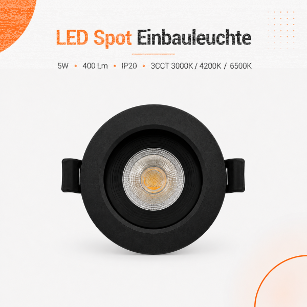 LED Einbauspot Einbaustrahler Schwarz 5W CCT 3000K/4000K/6500K
